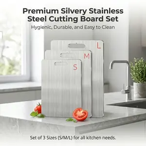 3-Piece Silver Stainless Steel Cutting Board Set, Cutting Boards For Kitchen, Sanitary Metal Chopping Boards With Hanging Design, Sturdy Structure And Easy To Clean, Available In S/M/L, Suitable For Meat, Fruits And Vegetables, Accessories For Daily