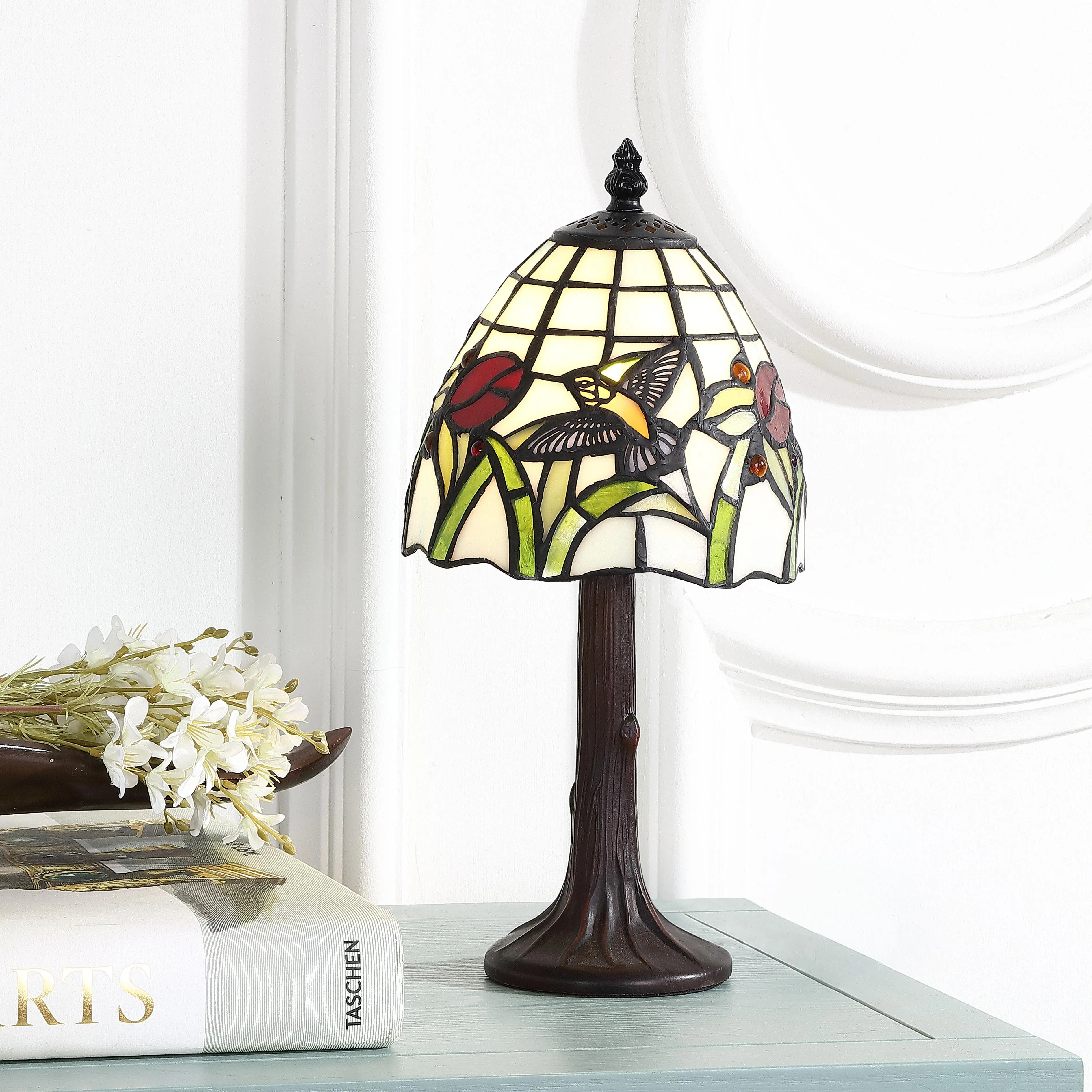 JONATHAN Y Hummingbird Tiffany-Style Table Lamp 12" Stained Glass, Bronze | Handcrafted Multicolored Bell Shade, Traditional Bedside Accent Desk Lighting, Metal Base, LED Bulb Included