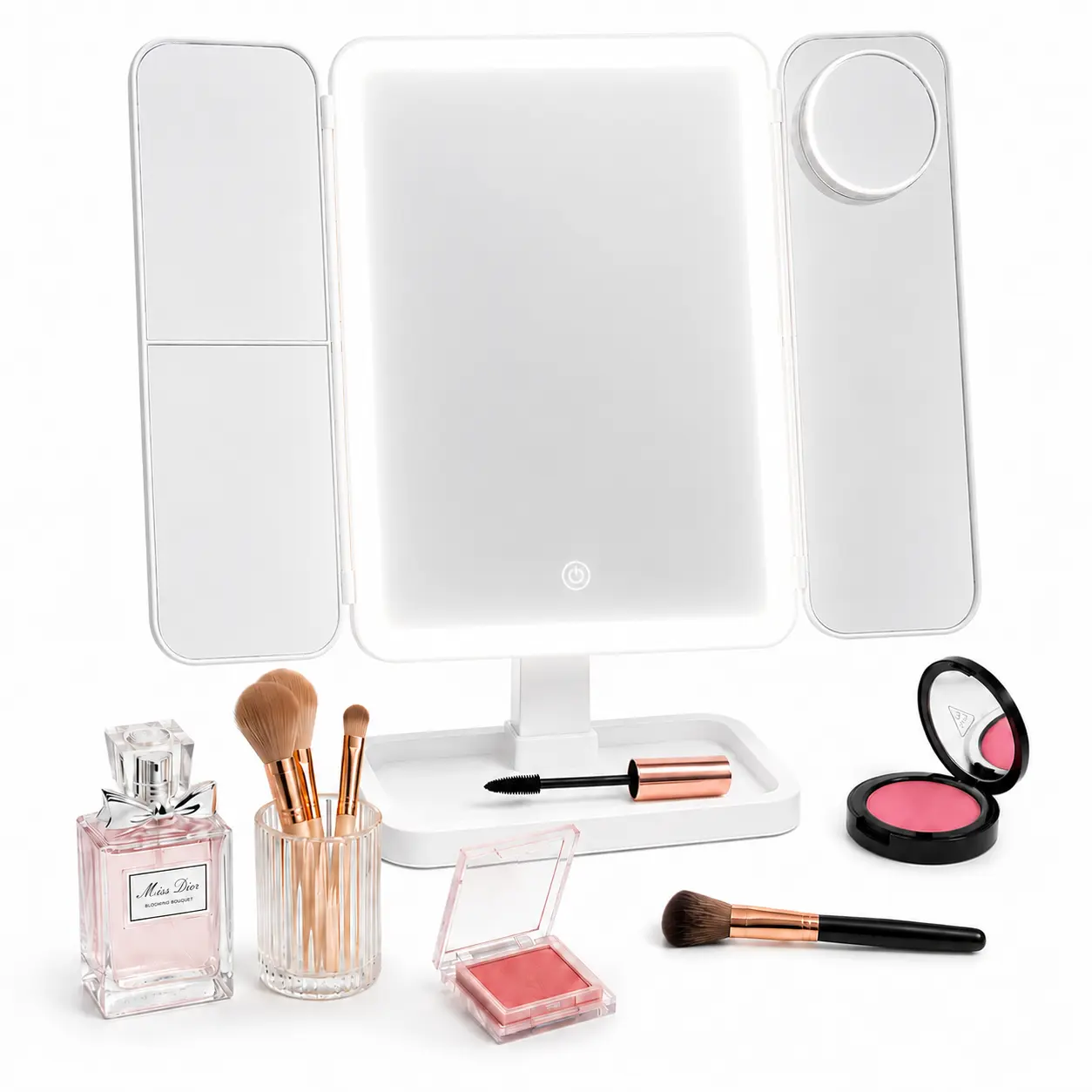 Portable LED Light Makeup Mirror 3-fold Foldable Rechargeable with 2x 3x & 10x Magnification Touch Control for Travel & Bedroom Use Decor