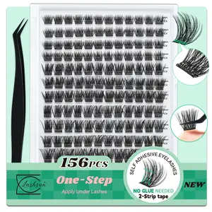Lashsun Self Adhesive Eyelashes, 156 Pcs D Curl Self Adhesive Eyelash Clusters, No Glue Needed, Invisible 2-Strip Tape - Longer Lasting, No Sticky Residue Pre Glued Eyelashes
