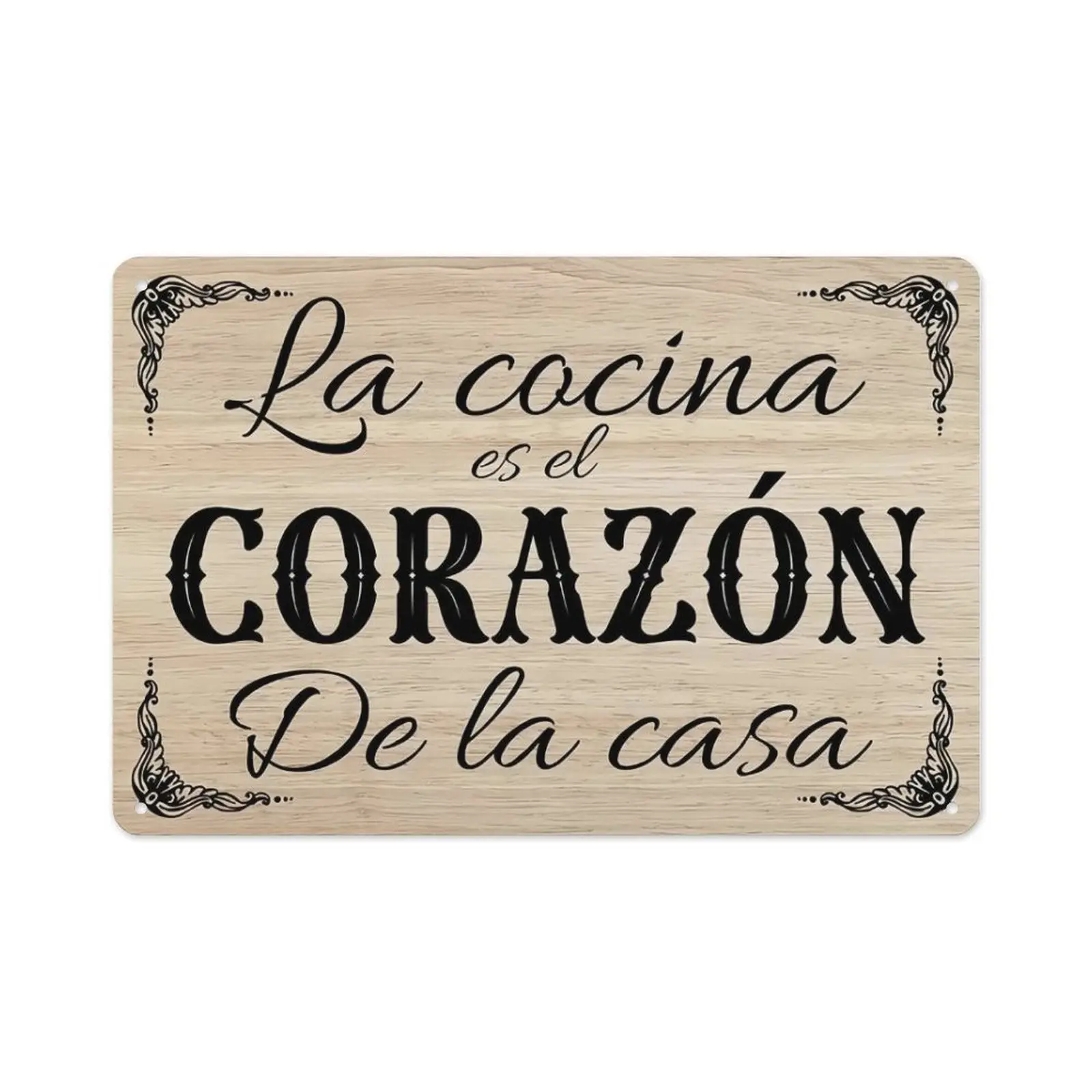 Light Wood Grain Flat Metal Tin Sign, "La Cocina Es El Corazón De La Casa" Spanish Kitchen Blessing Quote Retro Wall Plaque, 8×12 Inch Latin Farmhouse Kitchen Dining Room Wall Decor Gift
