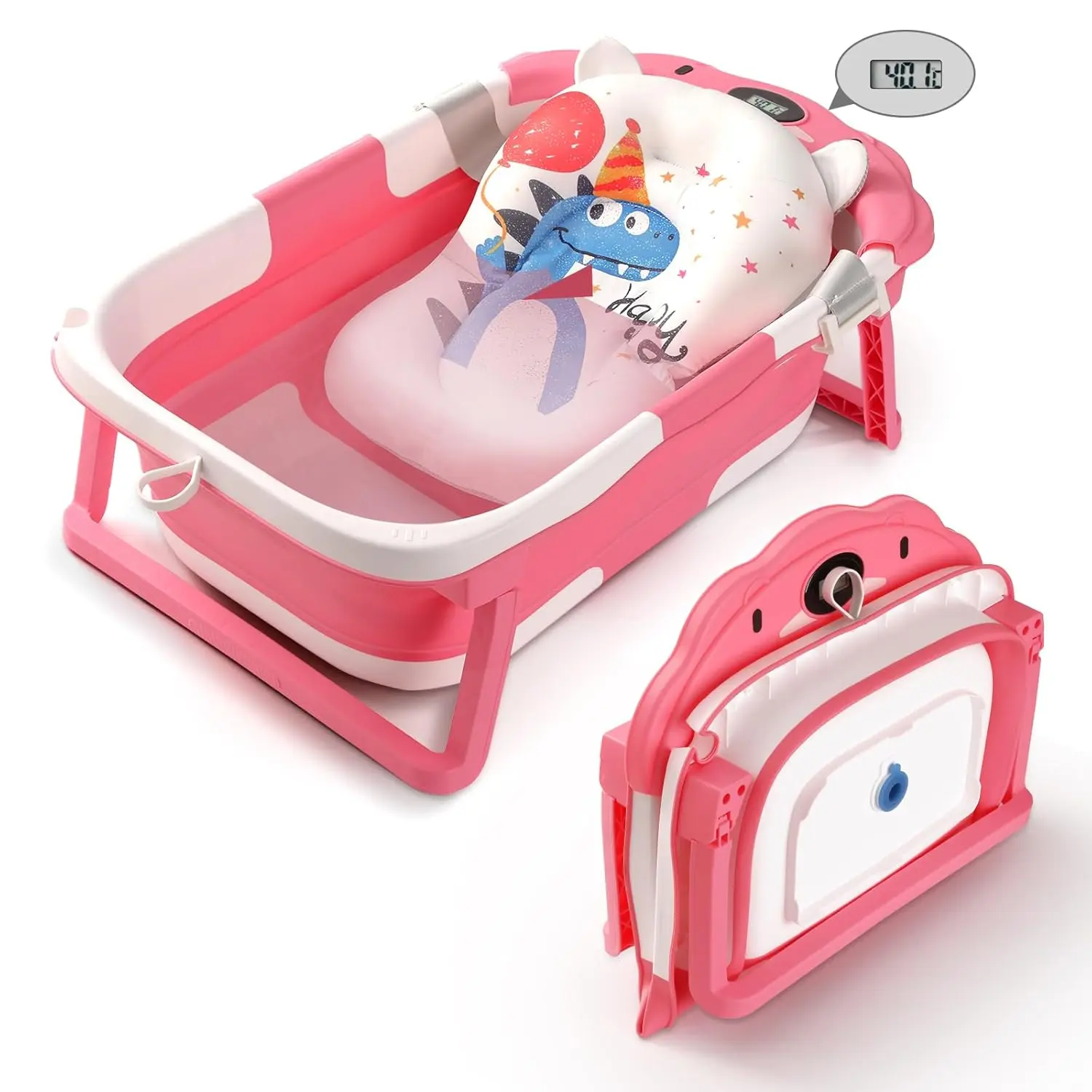 Baby Bathtub,Collapsible Baby Bath Tub with Thermometer & Soft Floating Cushion,Portable Travel Baby Bathtubs  Newborns to Toddlers 0-36 Months(Bear Pink)