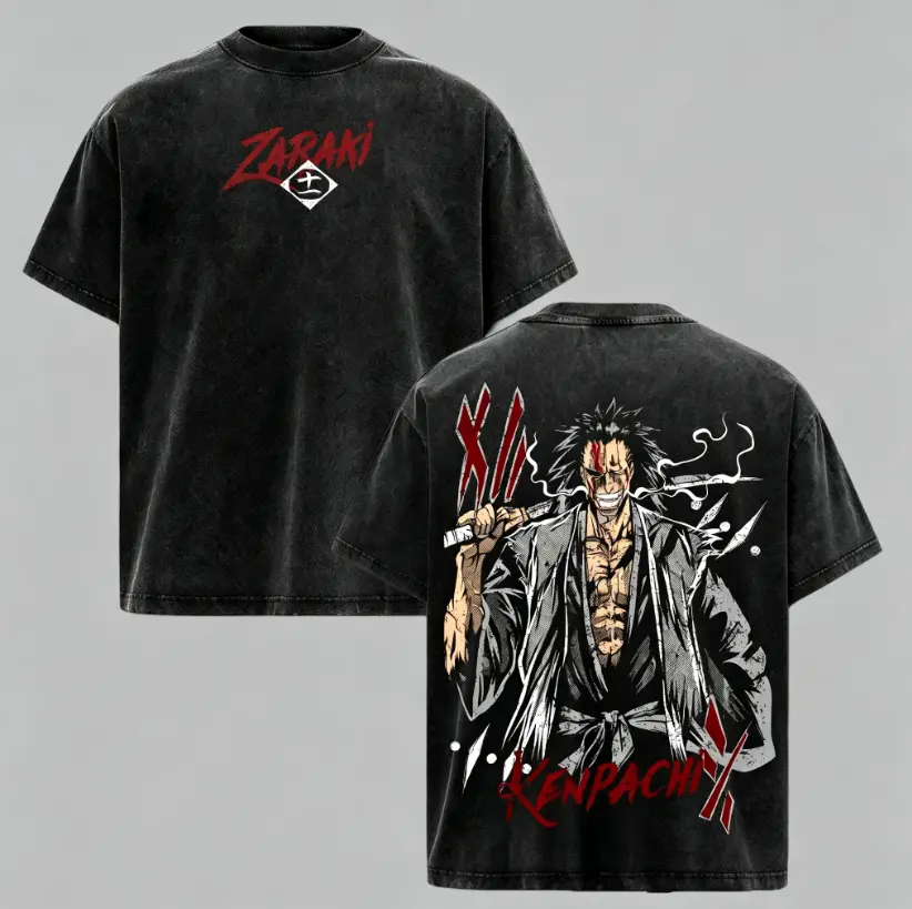 Kenpachi Zaraki Bleach Anime Graphic Tee | Vintage Acid Washed Oversized T-Shirt | Dark Anime Streetwear Cotton Shirt | Soul Reaper Manga Fan Gift