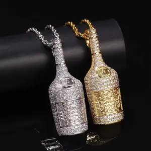Hip Hop Liquor Bottle Pendant Necklace for Men Bold Cubic Zirconia Bling Statement Streetwear Jewelry Gift for Him