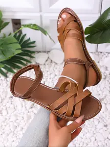 New Fashion Plus Size Comfortable Casual Lightweight Beach Flat PU Leather Sandals, Versatile Summer Vacation Footwear for Women