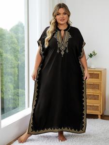 plus size ethnic pattern embroidered split kaftan dress, boho notched neck batwing sleeve long dress, summer clothing, women's summer clothes, modest clothing caftan robe, muslim women gowns