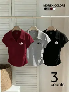 3-Pack Women's Casual Fitted Polo Neck Short Sleeve Tops, Comfortable Soft Fabric, Ideal for Outdoor, Shopping, Parties, Summer Fashion