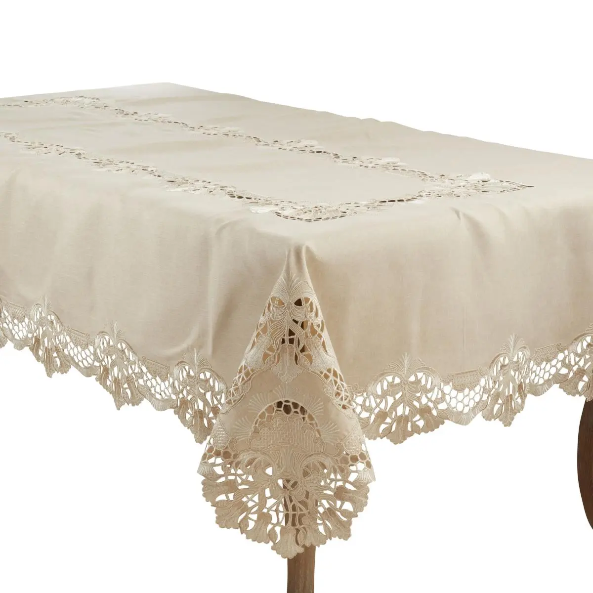 Saro Lifestyle 2186.E65120B Polyester Plain Weave Dining Tablecloth, Rectangle, Durable Embroidered, 65" x 120", Machine Washable, Ecru