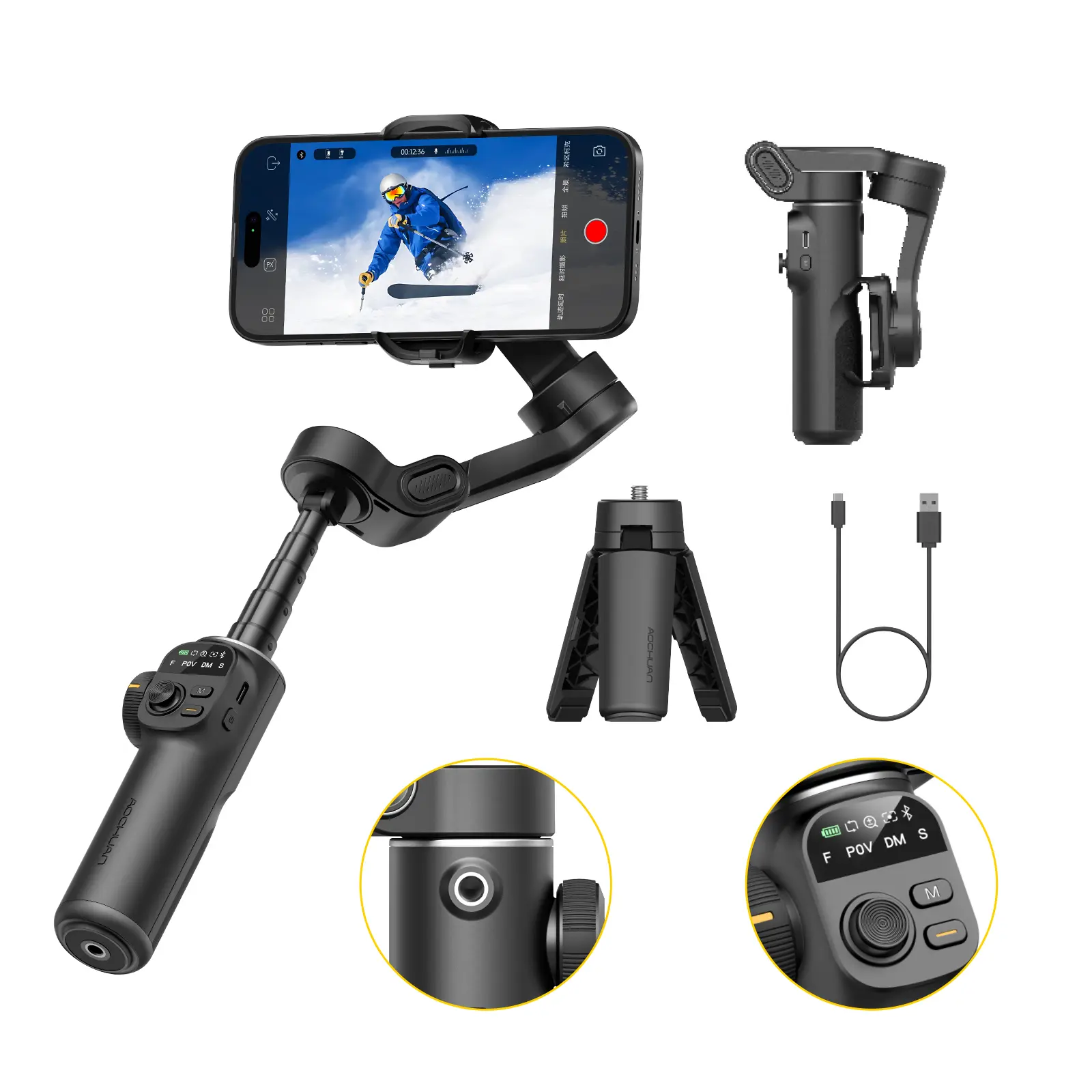 AOCHUAN Gimbal Stabilizer for iPhone, 3-Axis Smartphone Gimbal Built in 7.8' Extension Rod, Portable Gimbal Stabilizer w/OLED Display for iPhone/Android, Perfect for TikTok YouTube Vlogging-Smart X2 Black-c