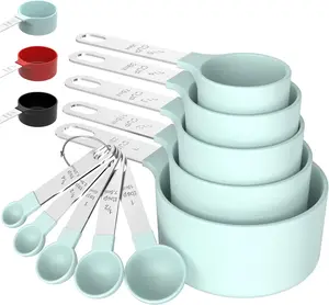 Measuring Cups & Spoons Set Stackable Nesting with Stainless Steel Handle 5 Cups 5 Spoons for Cooking Baking Green Food Grade Material Easy Cleaning