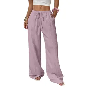 Women's Solid Textured Fabric Wide Leg Pants, Summer Casual Knotted Waist Trousers with Slant Pockets, Loose Fashion Daily Bottoms