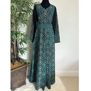 Olive Tree Branch Embroidered Palestinian Thobe Turquoise and Black All Over Print Elegant Design NWOT Size Small ll Embroidery Dress Maxi Long Sleeve Geometric Womenswear