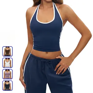 Halter-neck yoga tank top with contrasting color trim, tight-fitting yoga top, outdoor fitness sports bra