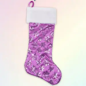 Northlight 19" Purple Sequin Snowfke Christmas Stocking wh Whe Faux Fur Cuff