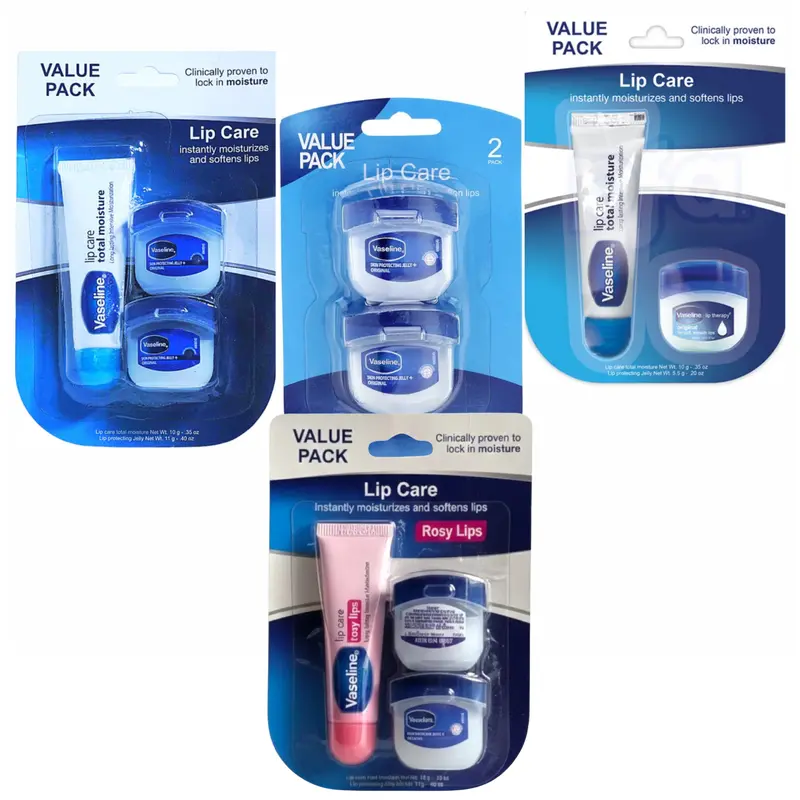 Vaseline Lip Jelly & Moisture Balm Set Original 0.2oz/5.5g each + 0.35oz/10g Lip Care Duo for Soft Moisturized Lips Value Pack