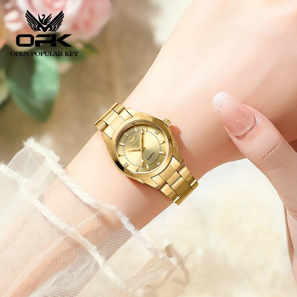 OPK Women's Classic Round Dial 28mm Analog Luminous Gold Quartz Watch - Gold Tone Stainless Steel Band, Crystal Glass, 30M Water-Tight Versatile Classy Quartz Watch, Model 6002, Versatile Quartz Watches