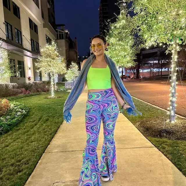 High Waist Bell Bottom Flares in Neon UV Glow Worm