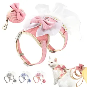Elegant Cat Harness Leash Set, Bowknot Pearl Lace Edge Chest Back Strap, Universal Fit for Dogs & Cats, No Ca Prop 65