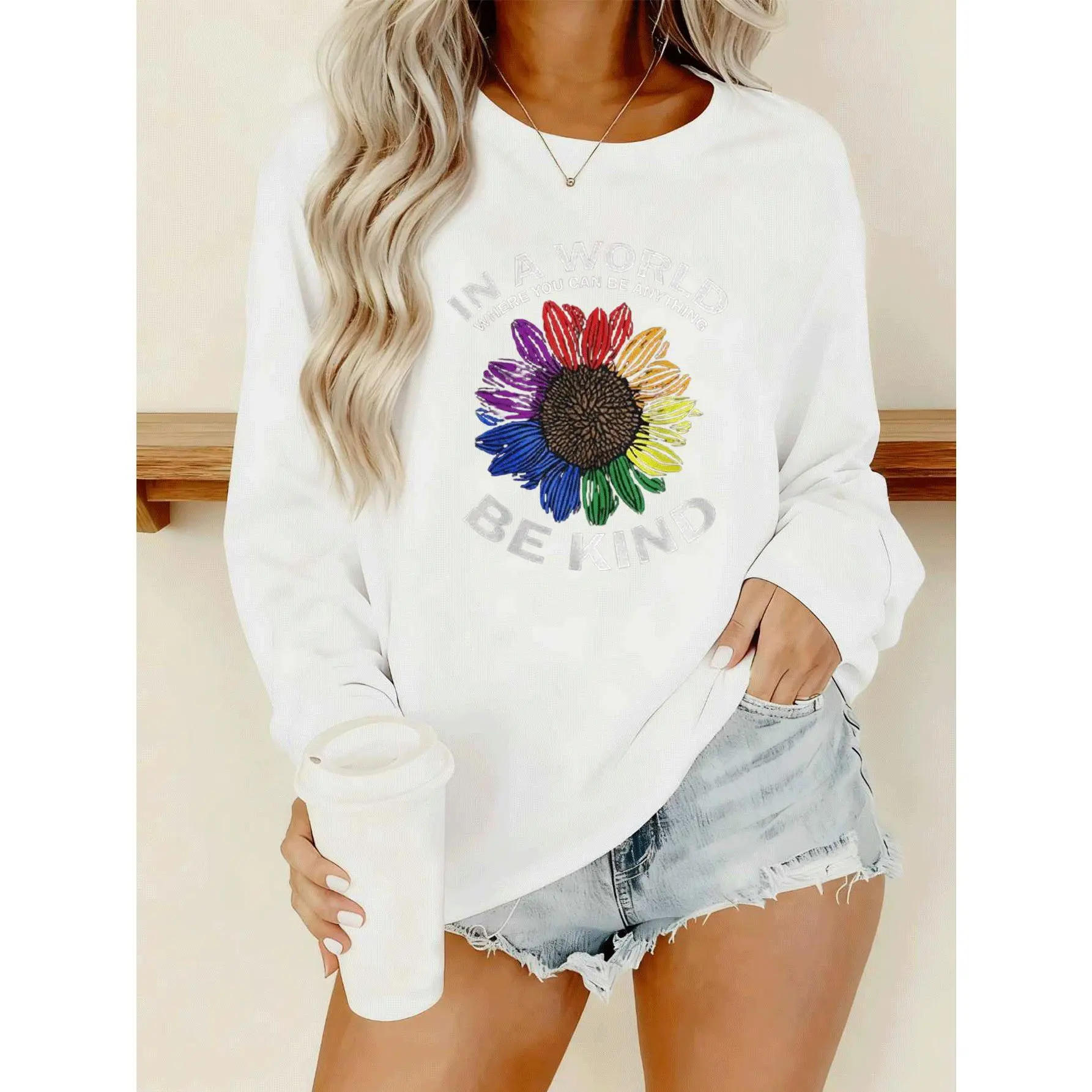 Plus Size, Women's Plus Size Oversized Long Sleeve T-Shirt - White Abstract Multicolor Pop Art Daisy Print (Pink/Yellow/Green/Blue/Purple) - Comfy Stretch Round Neck Top for Curvy, Casual & Streetwear, Spring/Autumn Layering Essential - Chic