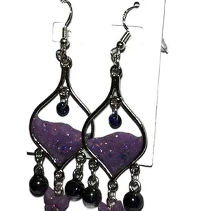 Dangle earrings with Purple Glitter Design, butterflies, and Beads Sparkling Accessories