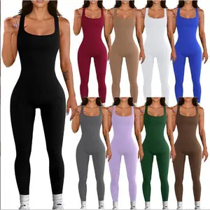 Women'sSolidColorSleevelessTankTopJumpsuitRibbedSquareNeckBacklessHip-liftingSlimFitSportsJumpsuit