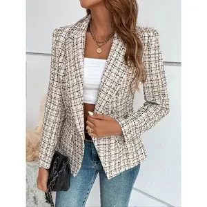 Women's Plaid Print Double Button Flap Detail Lapel Blazer, Casual Long Sleeve Outerwear for Fall & Winter, Ladies Clothes for Work Office Business, Notched Lapel Blazer(gift)