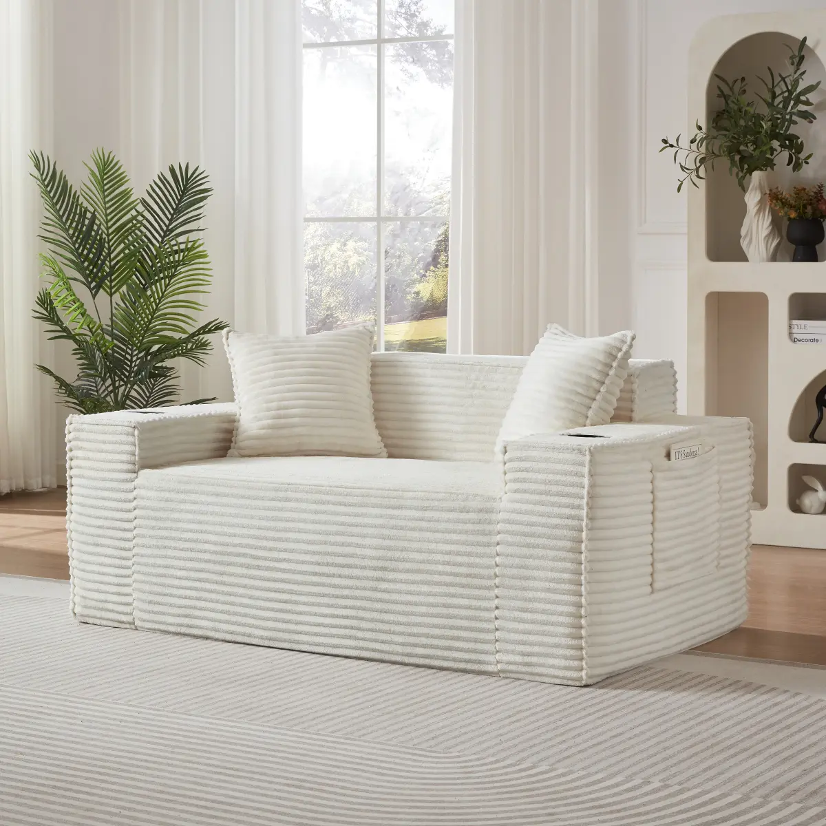 61" Corduroy Fabric Compact Living Room Loveseat Sofa, 2-Seater Boneless Floor Couch with Cup Holder, Side Pocket & Pillow, No Assembly Needed for Small Spaces, Bedroom, Apartment (White), Compact Living Room Sofa