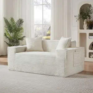 61" Cloud Loveseat Sofa with Cup Holder & Side Pocket, Corduroy 2 Seater Sofa for Small Spaces, Boneless Floor Sofa Couch with Pillow for Living Room, Bedroom, Apartment (White, Loveseat Sofa) No Assembly Needed