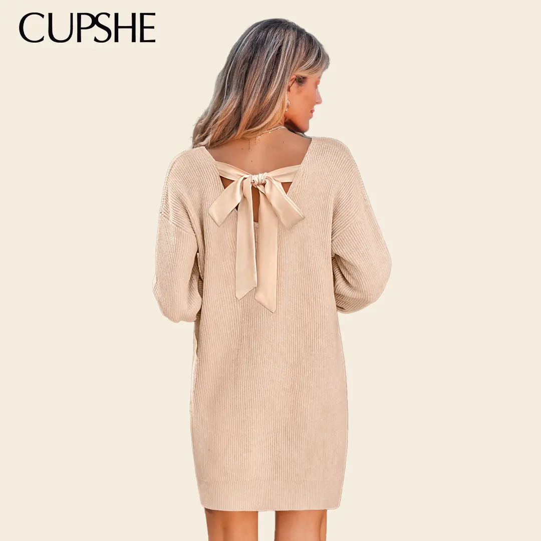 CUPSHE Women's Sweater Mini Dress V-Neck Long Sleeve Knit Dress with Back Tie Bow Detail, Soft Flowy Casual Dress for Fall, Cozy Everyday Outfit, Weekend Wear Vacation Style Womenswear Casual Wear#tiktokshopbacktoschool