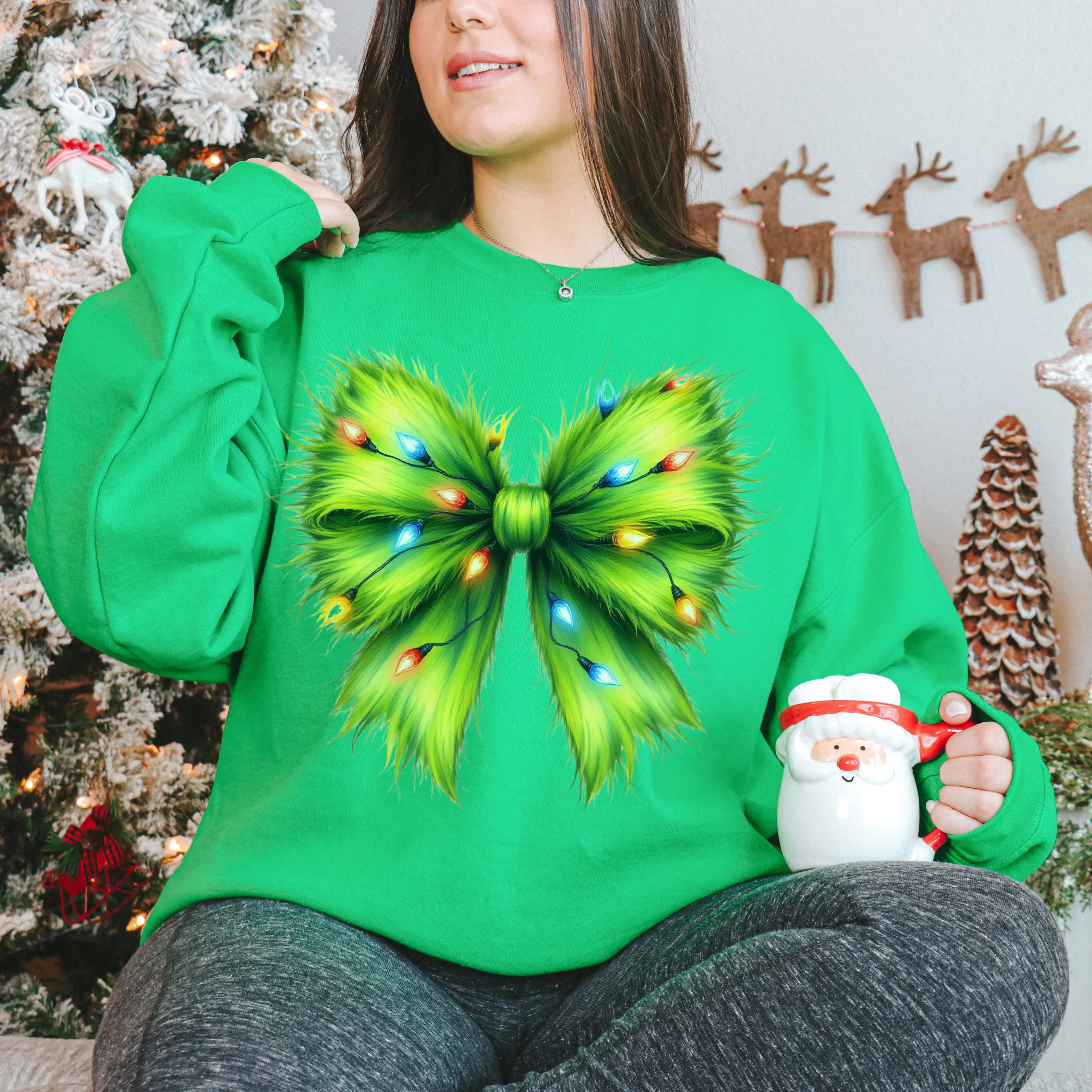 Christmas Grinch Bow Sweatshirt, Grinch Christmas Sweater, Christmas Coquette Sweatshirt, Women Christmas Sweater Comfort Cotton