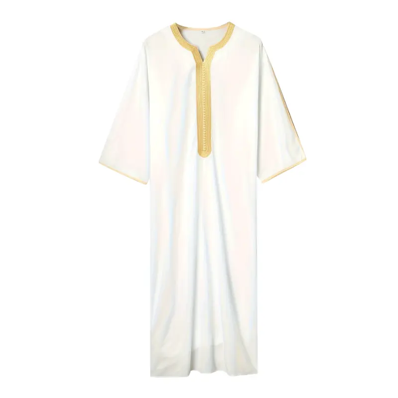 Men's Embroidered 3/4-Sleeve Islamic Robe Set, Crew Neck Plain Polyester, Casual Loose Non-Stretch, Machine Washable/Dry Clean, All-Season, Embroidery