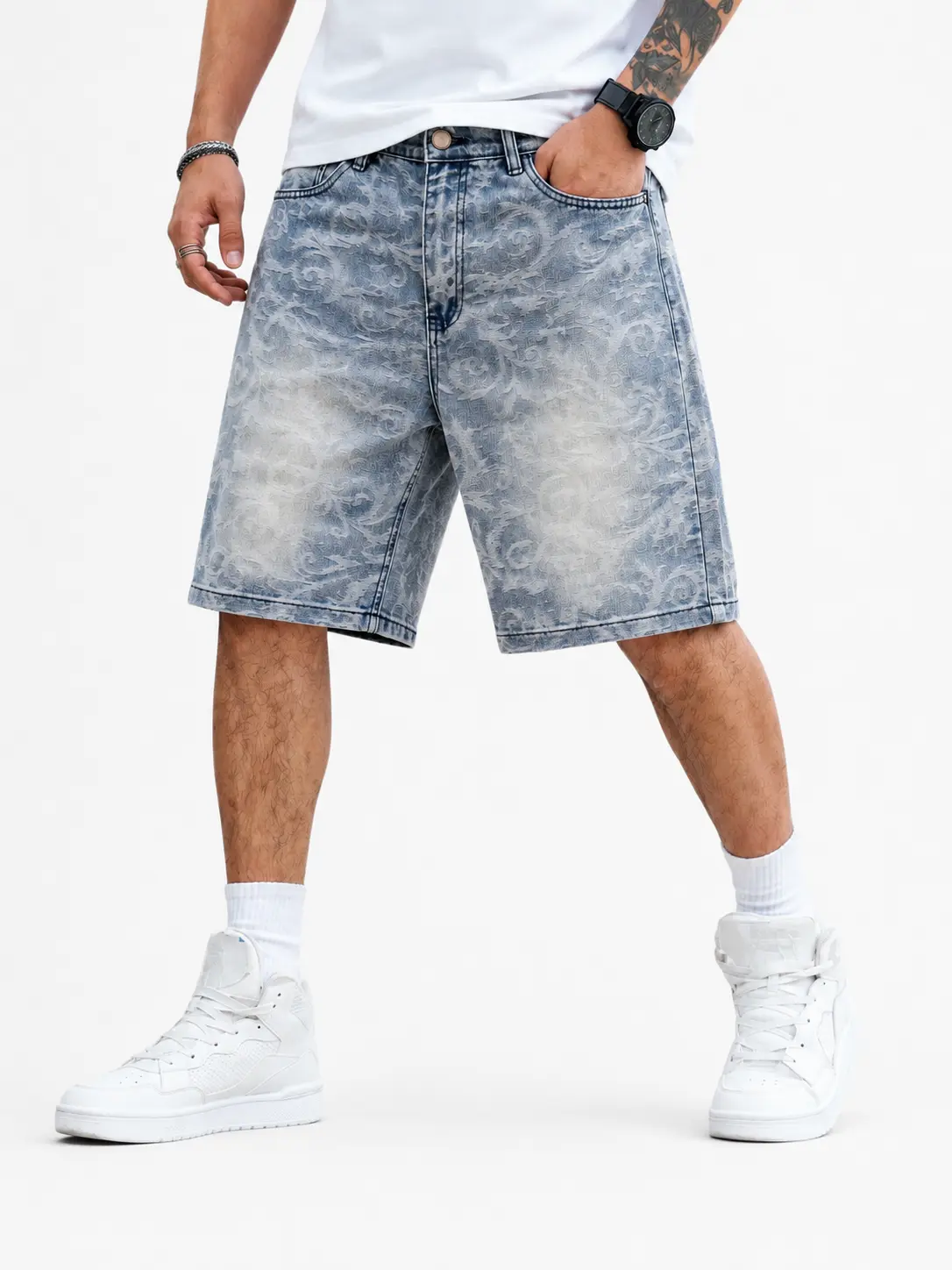 AxisStudios Men's Baggy Denim Shorts, Y2K Paisley Print Jorts, Light Blue Skater Streetwear