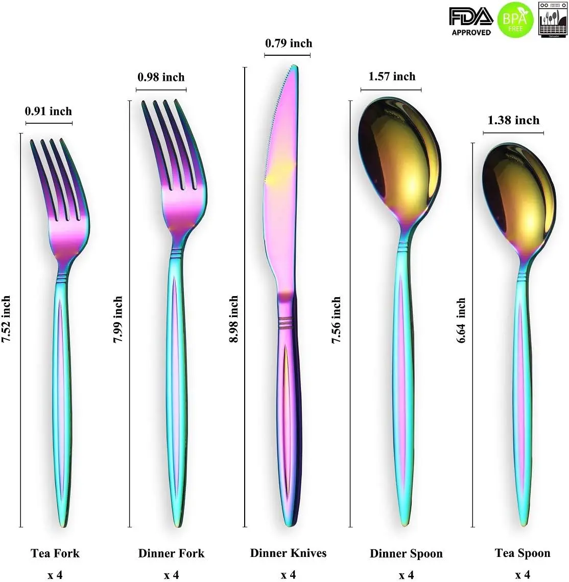 Rainbow Flatware Set 20 Pieces, Stainless Steel Colorful Silverware Set, Titanium Plating Rainbow Cutlery Set, Rainbow Utensil Sets Reusable Spoon Tableware Birthday Fork Tea Spoon
