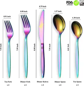 Rainbow Flatware Set 20 Pieces, Stainless Steel Colorful Silverware Set, Titanium Plating Rainbow Cutlery Set, Rainbow Utensil Sets Reusable Spoon Tableware Birthday Fork Tea Spoon
