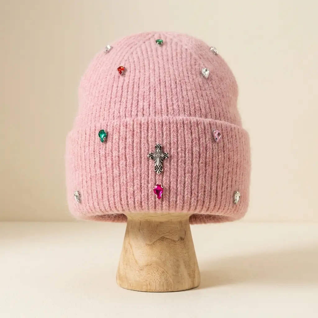 Women's Paris Cross Sparkling Crystal Cute Beanie Hat - 100% Soft Waxy Plush Knitted Winter Hat with Earmuffs, Knitting Warm Outdoor Fashion Accessory, Knitting Warm Hat