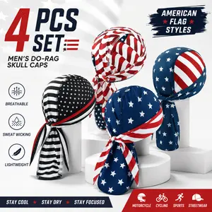 Men’s Multifunctional USA Flag Skull Caps (4 Pcs) - Breathable Do-Rag Headbands, Cooling Helmet Liners for Motorcycle Riders, Cycling, Multifunctional Skull Caps