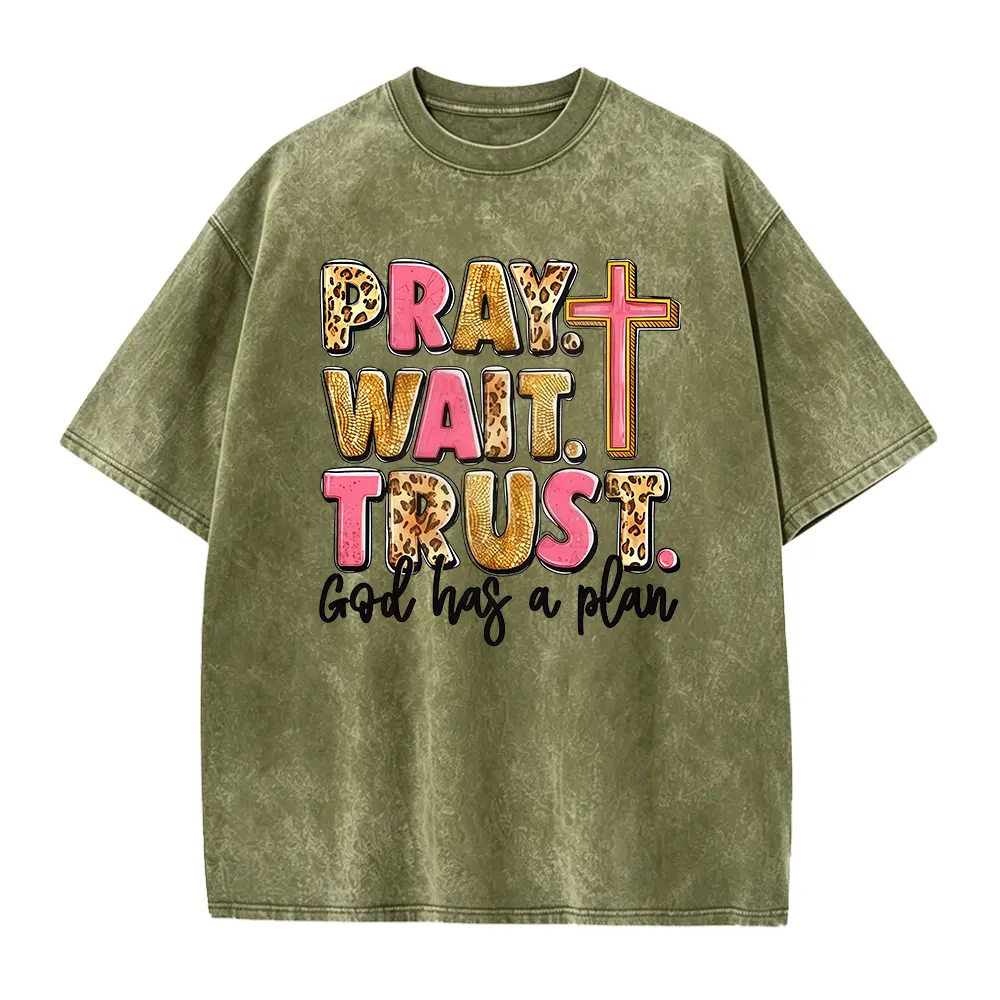 Ladies' Inspirational T-Shirt Featuring The Phrase 'Pray. Wait. Trust. God Has a Plan' - Designed with a Casual Crew Neck, Short Sleeves, Soft Fabric, Regular Fit, Suitable for All Seasons