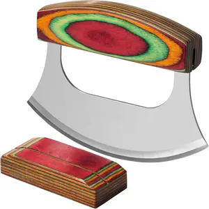 Pizza  6.5 Inch Chef Mezzaluna Ulu  Handle Color Wood Grip  Rocker Slicer Stainless Steel  Salad Onion Vegetable  with Holder Base Christmas Gifts