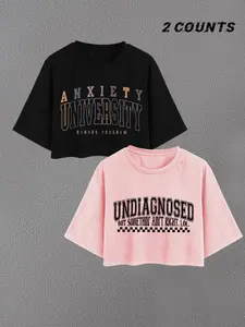 Women's Letter Print Round Neck Crop Tee, Casual Short Sleeve Crew Neck Cropped T-shirt for Summer, Fashion Women's Top for Daily Wear