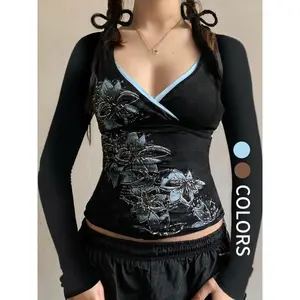 Vintage print slim-fit V-neck long-sleeve knit top, autumn new fashion Y2K aesthetic, retro style, medium-weight fabric women’s clothing