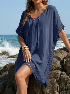 Women's Hand Hook Flower Patchwork Beach Cover-Up, Belted Design Casual Summer Bikini Dress, Perfect for Daily Wear and Outdoor Activities, Swimwear Cover Up