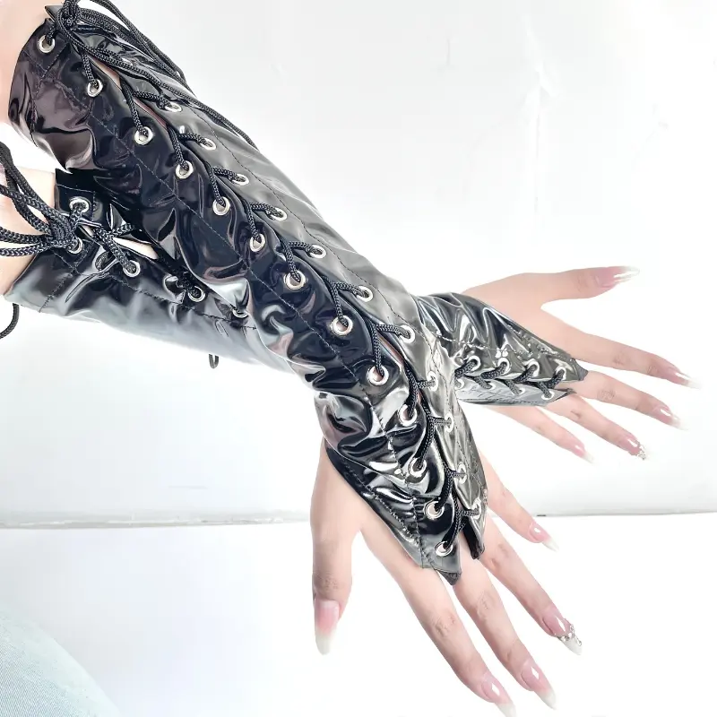 [1 Pair PVC Gloves] PVC Full Hand Gloves, 1 Pair | Women's Club Style Solid Color, Inelastic Stage Performance Tie-On Gloves for Nightclub Events, Decorative Stripe Craftsmanship, Hand Wash Only, No Feathers