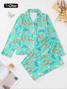 Women's Denim Print Knit Pajama Set, Comfortable Long Sleeve Button Shirt & Elastic Pants, Casual Home Wear for All Seasons