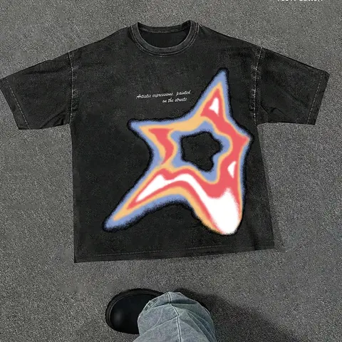 Men's Star Print Round Neck Tee, Regular Fit Casual Street Short Sleeve T-shirt for Summer, Men's Top for Daily Wear, Streetwear, Casual Streetwear Tops
