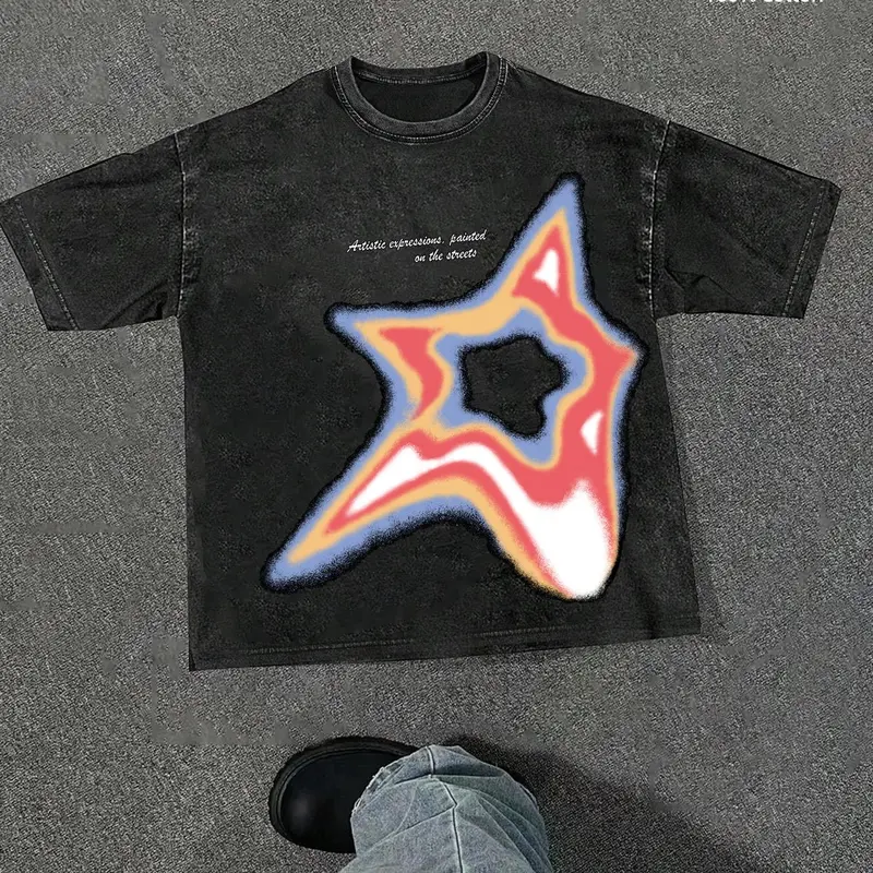 Men's Star Print Round Neck Tee, Regular Fit Casual Street Short Sleeve T-shirt for Summer, Men's Top for Daily Wear, Streetwear, Casual Streetwear Tops