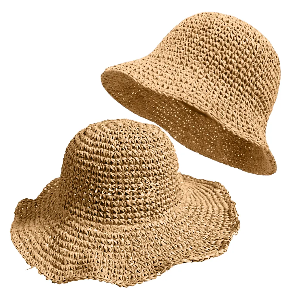 2pcs Women' Straw Bucket Hats - Wide Brim Floppy Beach Sun Hats Suitable for Summer Vacation, Travel, & Birthday Gifts, Packable Breathable Straw Hats for Daily Wear, Hand Washable Outdoor