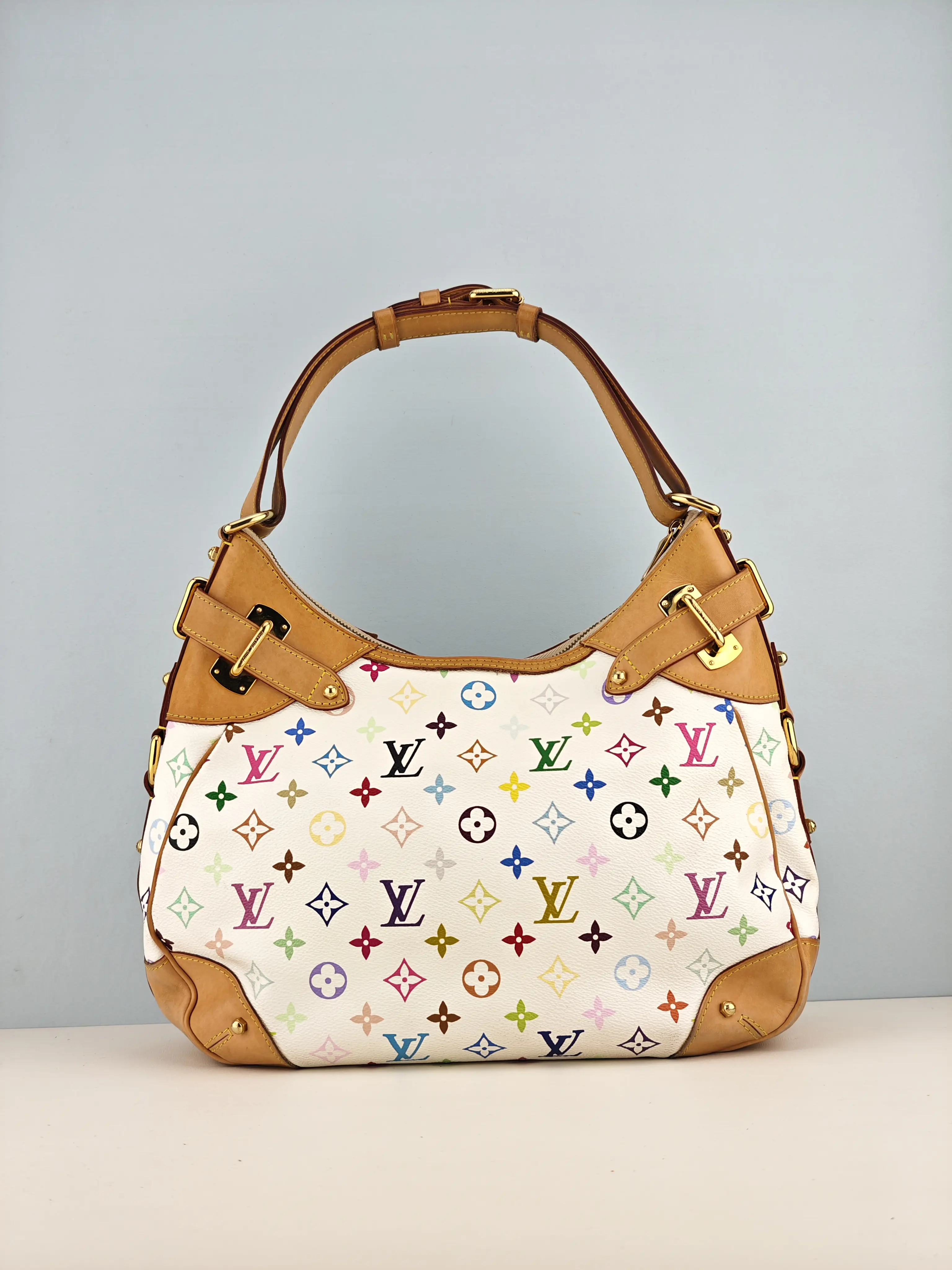 Pre-owned White Monogram Multicolore canvas and natural cowhide trim Shoulder Bags Louis Vuitton White Monogram Multicolor Greta Bag