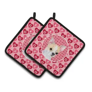 212 MAIN Thick Polyester Fabric Kitchen Pot Holders - Bakeware Oven Safe, Hanging Tab Design, 7.5x3x7.5in Pair Pack, Chihuahua Hearts Motif for Valentine’s Day Holiday Use