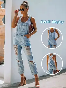 Women's Denim Sleeveless Jumpsuit, Casual Fashion Trendy Design, Comfortable Daily Wear, All-Seasons, Adjustable Straps, Ripped Style