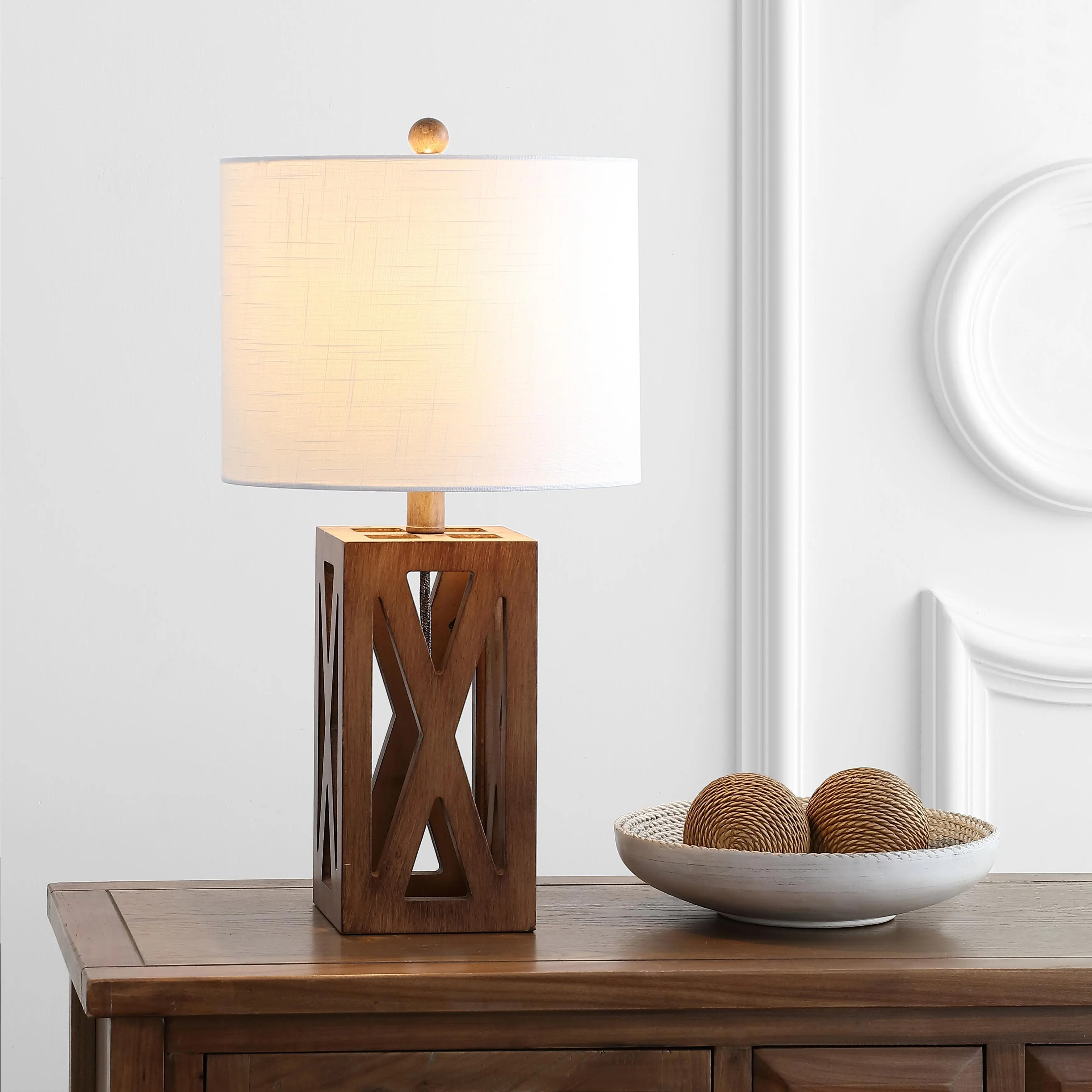 JONATHAN Y Stewart Rustic Wood Bedside Table Lamp 21.5" | Linen Drum Shade, Modern Farmhouse Desk Office Light, Rotary Switch, LED Bulbs Included